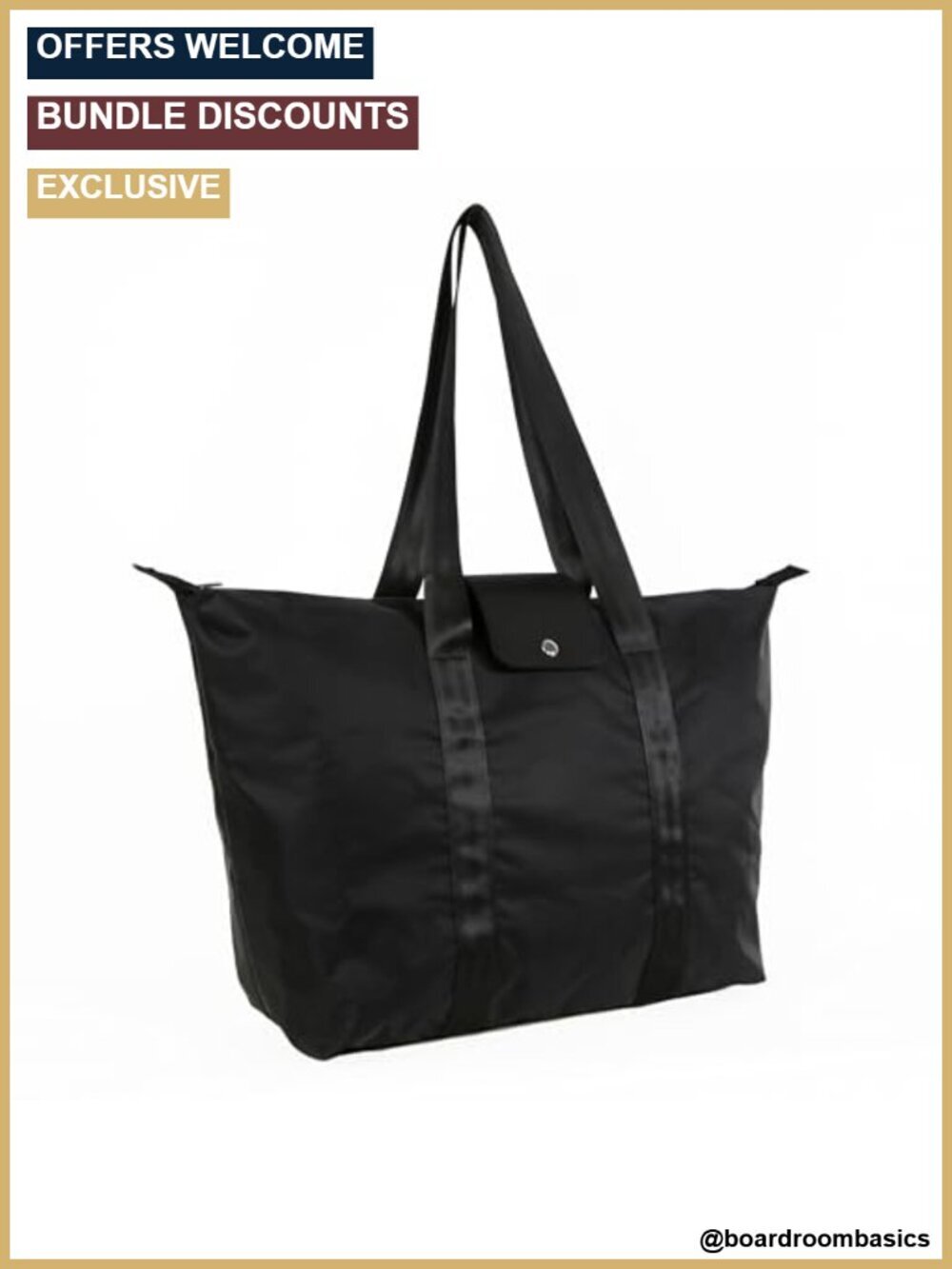Large 30L Foldable Black Nylon Tote Bag with Laptop Compartment